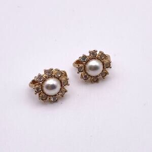 Christian Dior Vintage Small Clip On Earrings Gold Plated Flower Rhinestones